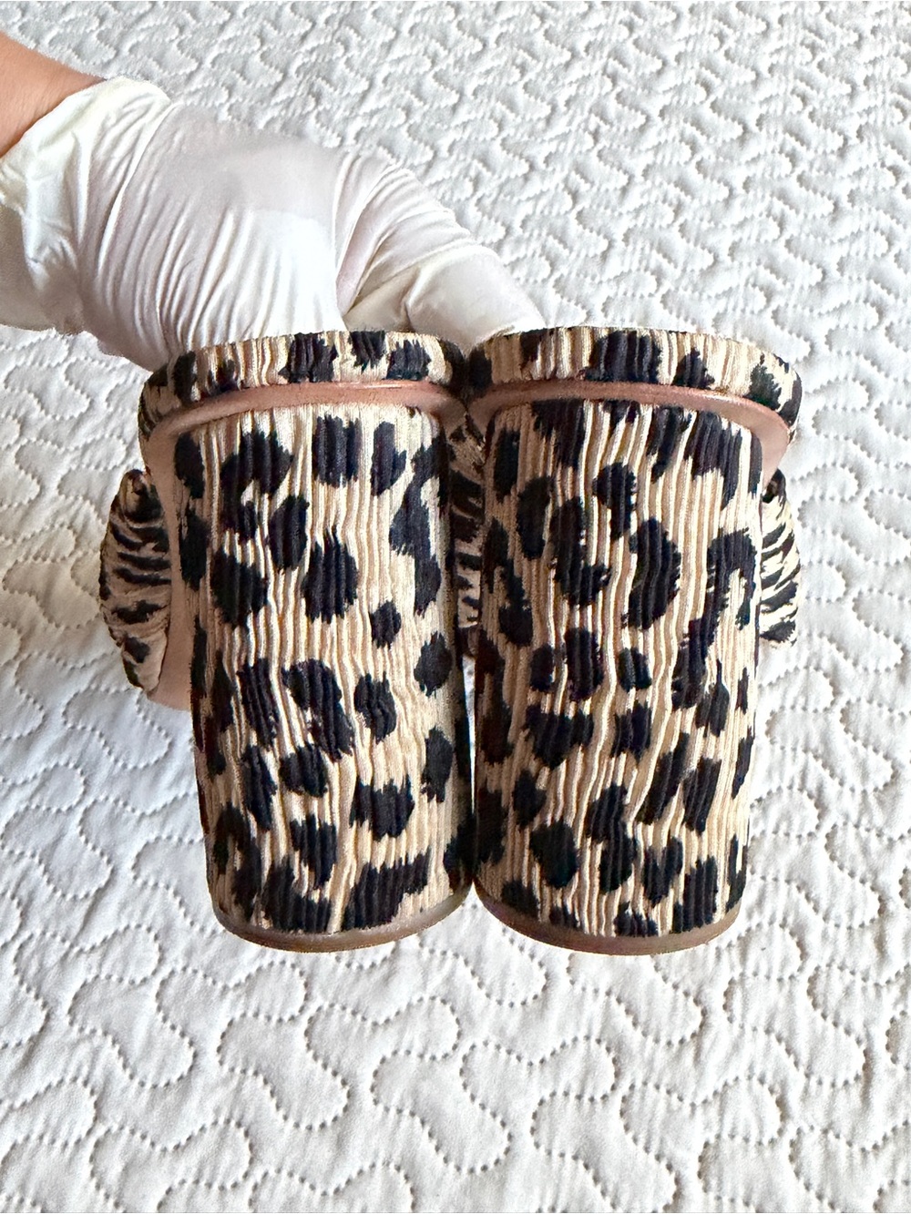 Loeffler Randall Leopard Knot Slide Mules Pleated Bow in Beige and Black Size 9 - Picture 6 of 14